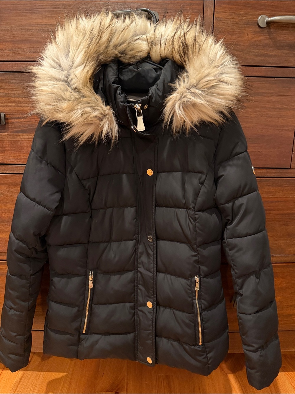 Calvin Klein Black Puffer Jacket with Faux Fur Trim Hood